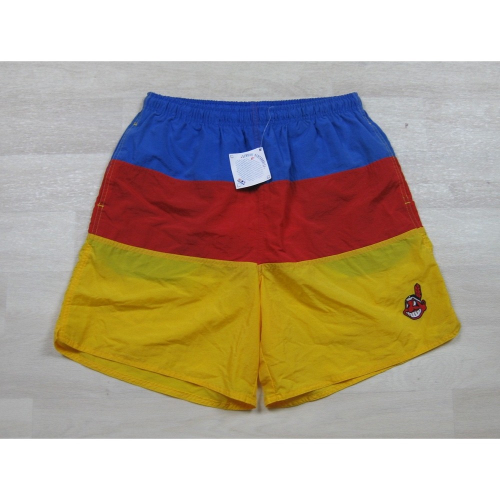 NWT Vintage 90s Cleveland Indians Swim Trunks Men's (M) Chief Wahoo Colorblock
